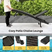 Folding Patio Chaise Lounge Chair Outdoor Rattan Adjustable Recliner With Wheels
