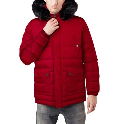 Mens Fashion Puffer Jacket With Faux Fur Lined Hood