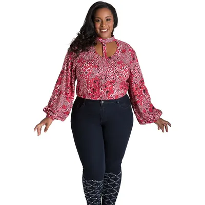 Plus Curvy Red Leopard Print Puff Sleeve Caged Tops