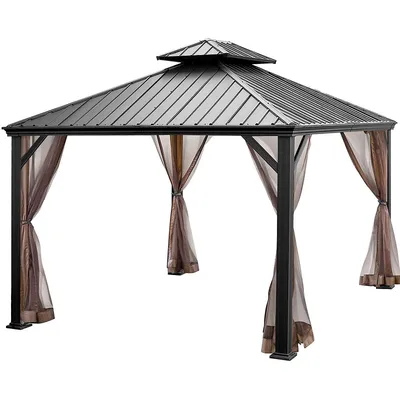 12ft X 10ft Hardtop Gazebo 2-tier Outdoor Galvanized Steel Canopy Greybrown