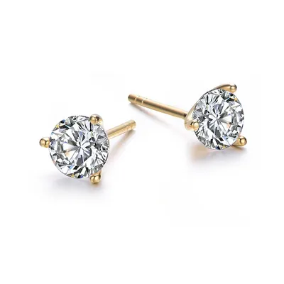 Sterling Silver With Clear Cubic Zirconia Martini Prong Solitaire Stud Earrings