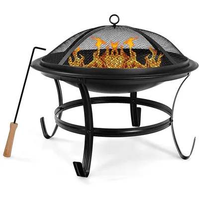 22" Steel Outdoor Wood Burning Fire Pit Bbq Grill Steel Bowl With Round Mesh Spark Screen Cover