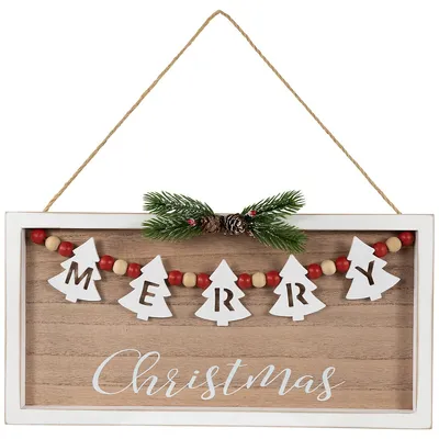15.75" Framed Rustic "merry Christmas" Beaded Wooden Wall Sign
