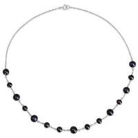 Black Freshwater Cultured Pearl Station Necklace In Sterling Silver