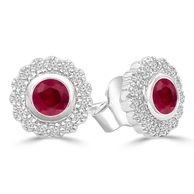 0.95 Ct Round Red Ruby Bezel Set Earrings 14k White Gold