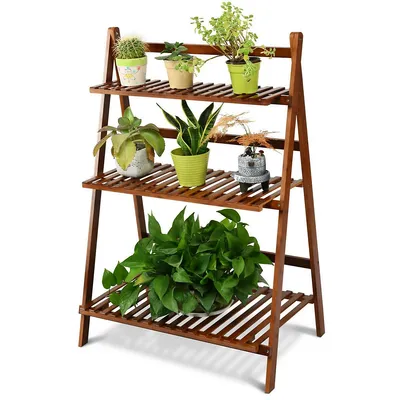 3 Tier Folding Shelf Stand Bamboo Flower Pot Display Rack Bookcase Organizer