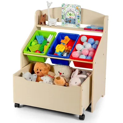 Kids Wooden Toy Storage Unit Organizer W/rolling Toy Box & Plastic Bins