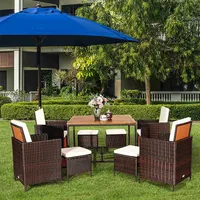 9pcs Patio Rattan Dining Set Cushioned Chairs Ottoman Wood Table Top