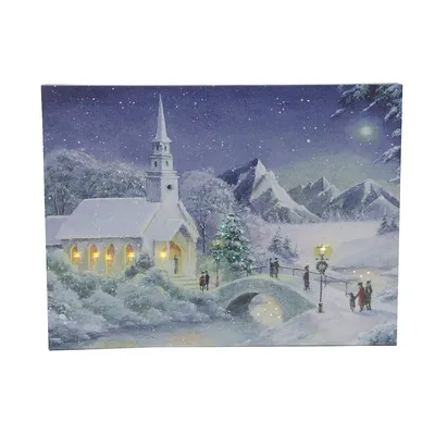 Led Fiber Optic Lighted Snow Covered Church Christmas Wall Art 15.75" X 12"
