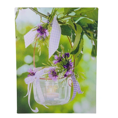 Led Lighted Tea Candle With Purple Flowers Canvas Wall Art 15.75" X 11.75"