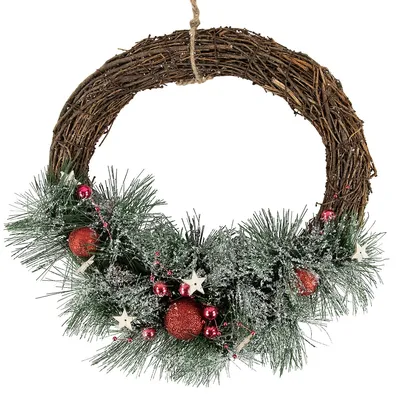 Red Ornaments, Pine Needle And Stars Frosted Christmas Wreath, 13.75-inch
