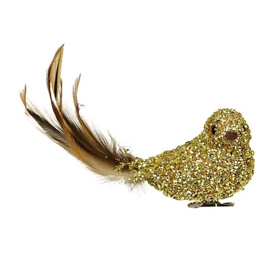 6.5" Gold Sequined Bird With Feather Tail Christmas Ornament With Clip
