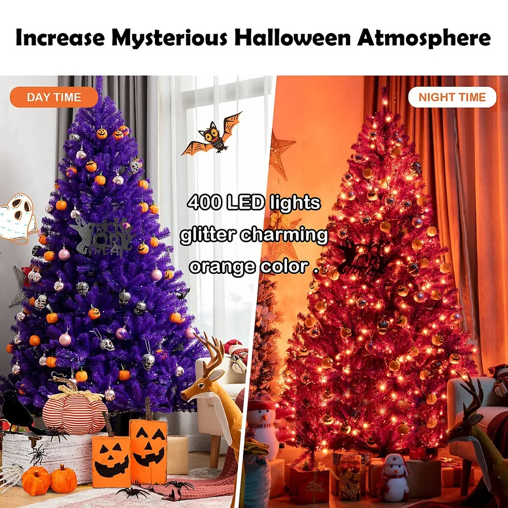 Costway 6ft Pre-Lit Purple Halloween Christmas Tree w/ Orange Lights Pumpkin Decorations