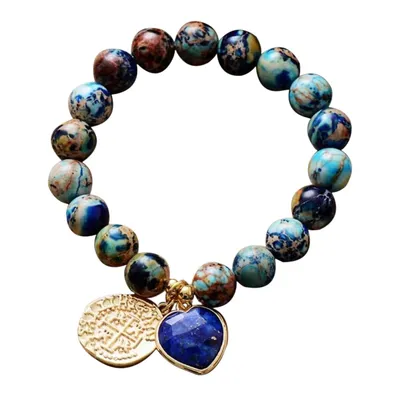 Blue Jasper Goldtone Heart Stretch Gemstone Bracelet