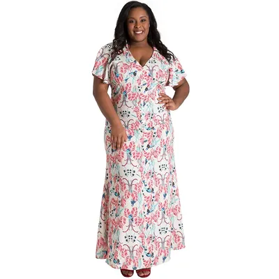 Plus Curvy Women's Butterfly Sleeve Peacock Print Maxi Dress