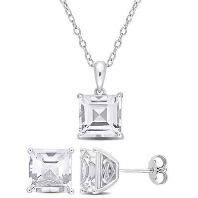 2-piece Set 9 Ct Tgw White Topaz Square Solitaire Pendant With Chain And Earrings In Sterling Silver