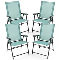 Patio Folding Sling Back Chair Portable Armrests Metal Outdoor Dining Green