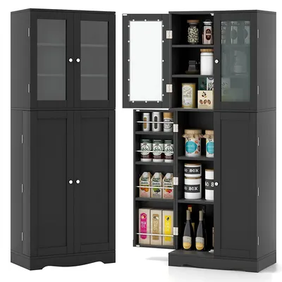 Tall Storage Cabinet Kitchen Pantry Cupboard With Tempered Glass Doors & Shelves