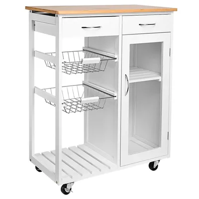 Rolling Kitchen Island Cart, Bar Serving Utility Trollery Cart With Wood Top, Drawer And Cabinet
