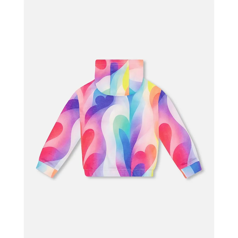 French Terry Hooded Cardigan Printed Rainbow Heart