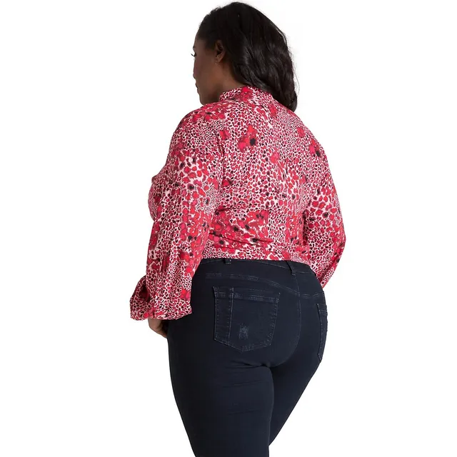 Poetic Justice Plus Curvy Puff Sleeve Tie-neck Peacock Print Blouse