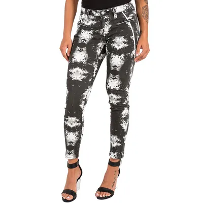 Curvy Women's Black Cristal Print Piped Mid Rise Skinny Ankle Pants
