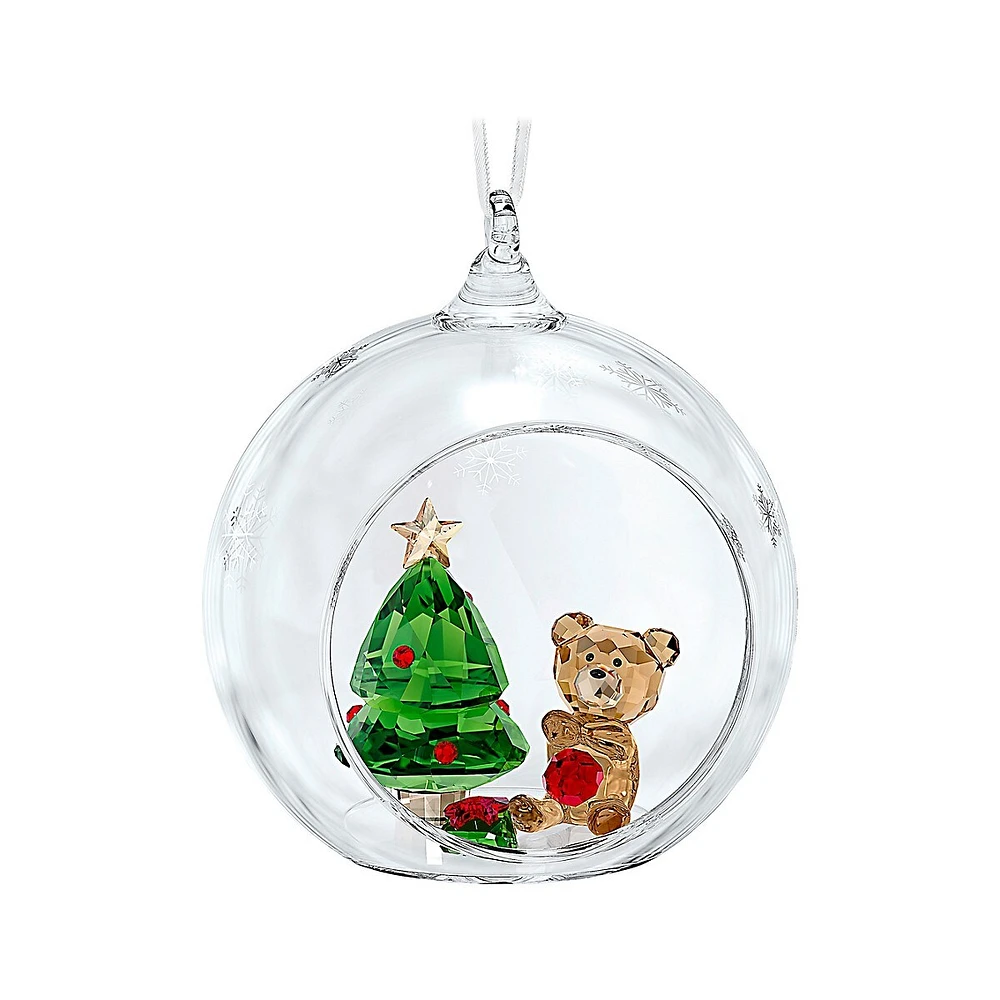 Joyful Glass, Green & Red Swarovski Crystal Christmas Scene Ball Ornament