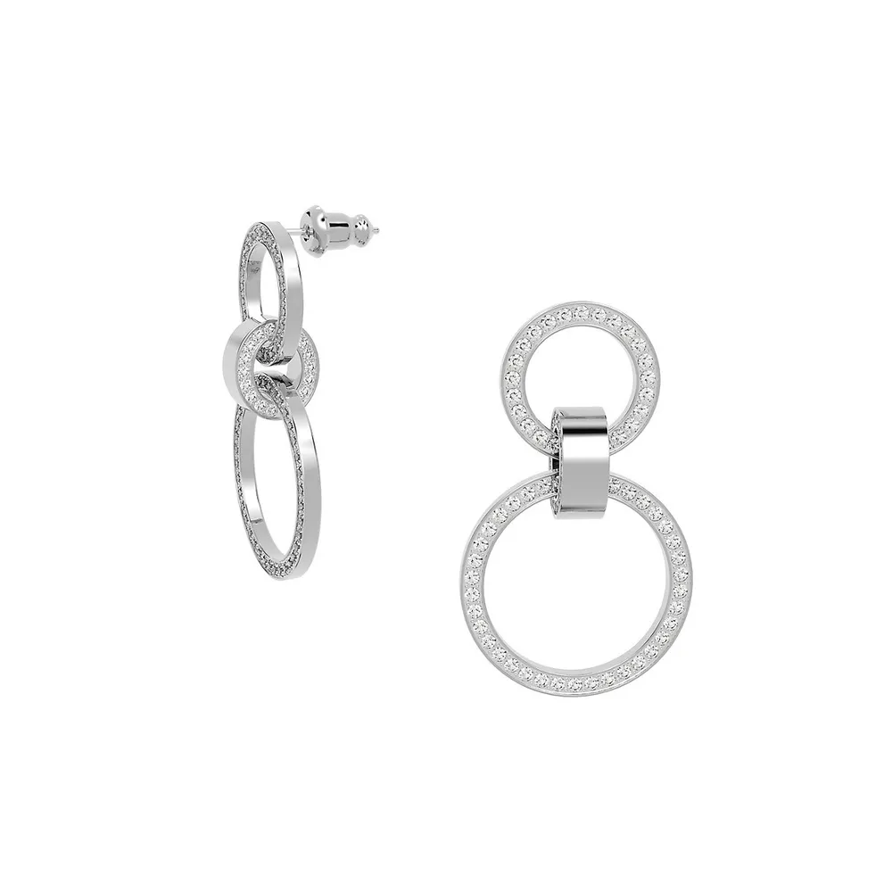 Hollow Rhodium-Plated & Crystal Linked-Circle Drop Earrings