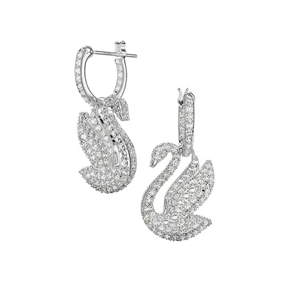 Iconic Swan Rhodium-Plated Swarovski Crystal Huggie Hoop Swan-Drop Earrings