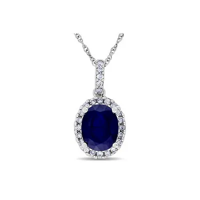Blue Sapphire And Halo Diamond Pendant Necklace In 14k White Gold 2.90ct