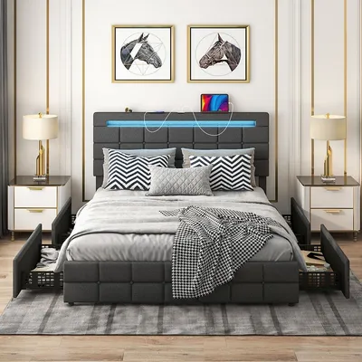 Upholstered Queen Led Lights Bed Headboard Drawers Solid Wooden Slat Platform