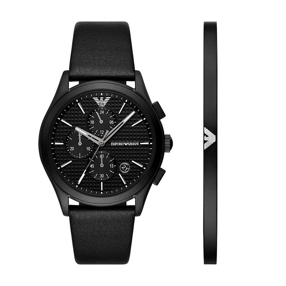 Men's Chronograph, Black Stainless Steel Watch And Bracelet Set