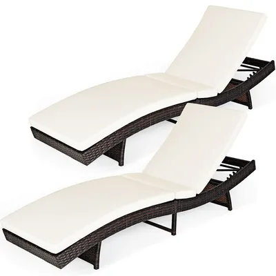2pcs Patio Rattan Folding Lounge Chair Chaise Adjustable W/cushion