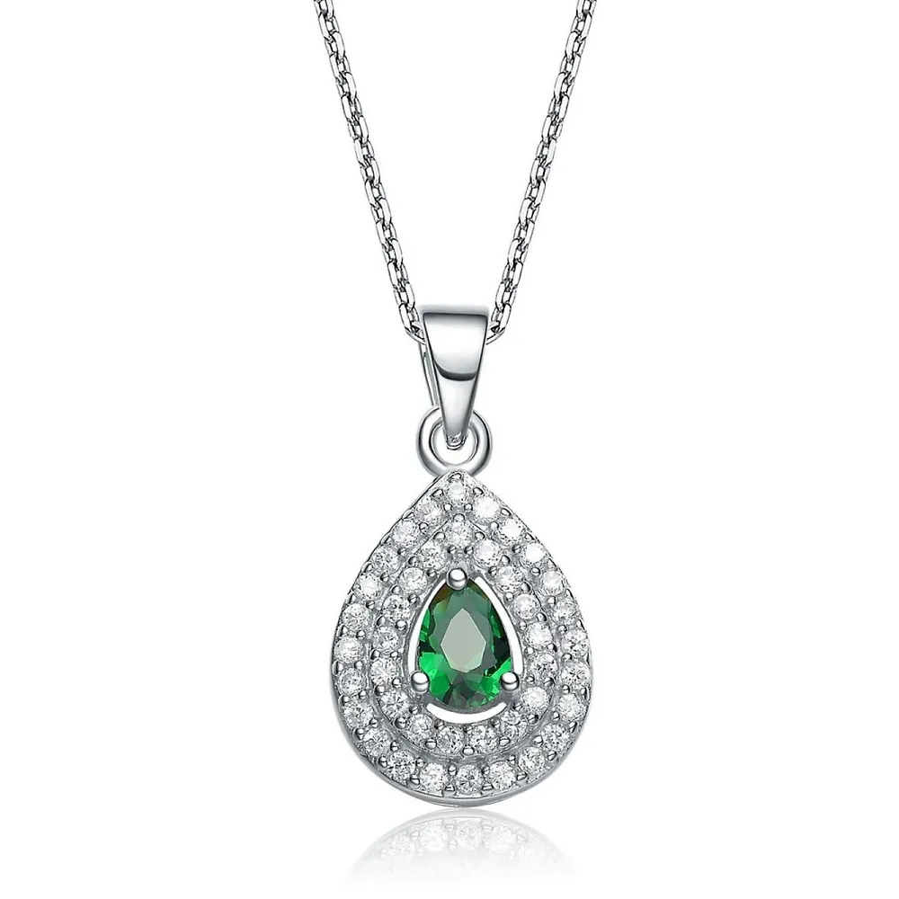 Sterling Silver White Gold Plating With Green Pear Shape Cubic Zirconia Pendant Necklace