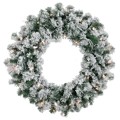Pre-lit Flocked Snow White Artificial Christmas Wreath, 24-inch, Clear Lights
