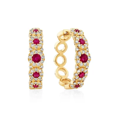 Bubble Huggie Earrings With Ruby And 0.52 Carat Tw Diamonds In 14kt Yellow Gold