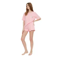 Women Plain Ruffle Detailed Medium Knitted T-shirt-short Pajama Set