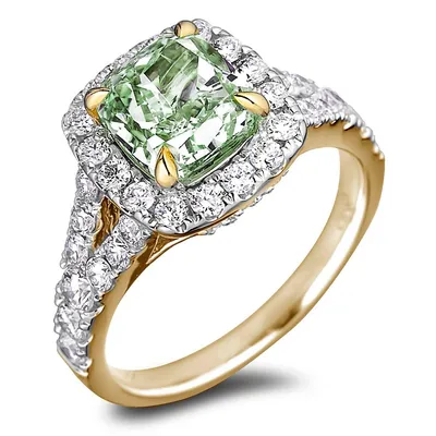 14k Yellow Gold 1.53 Ct Green Tourmaline Gemstone & 0.52 Cttw Diamond Halo Engagement Ring