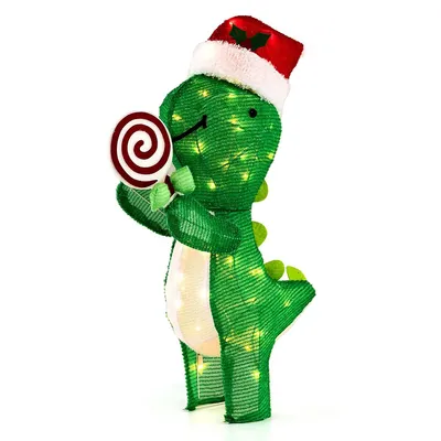 2.4 Ft Pre-lit Dinosaur Christmas Decoration With Led Lights Holiday Yard Ornament