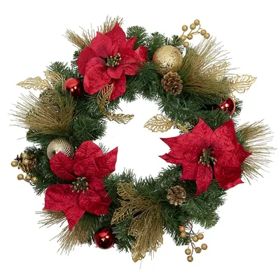 Poinsettias And Ball Ornaments Artificial Christmas Wreath - 24-inch, Unlit