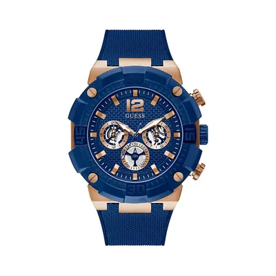 Men's Sport Multifunction Stainless Steel Textured Blue Dial & Silicone Strap Watch GW0264G4