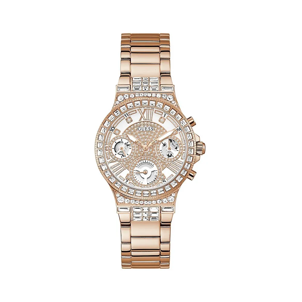 Rose Goldtone Stainless Steel & Crystal Pavé Link Bracelet Watch ​GW0320L3