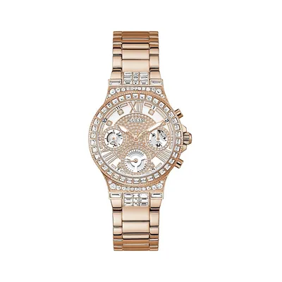 Rose Goldtone Stainless Steel & Crystal Pavé Link Bracelet Watch ​GW0320L3