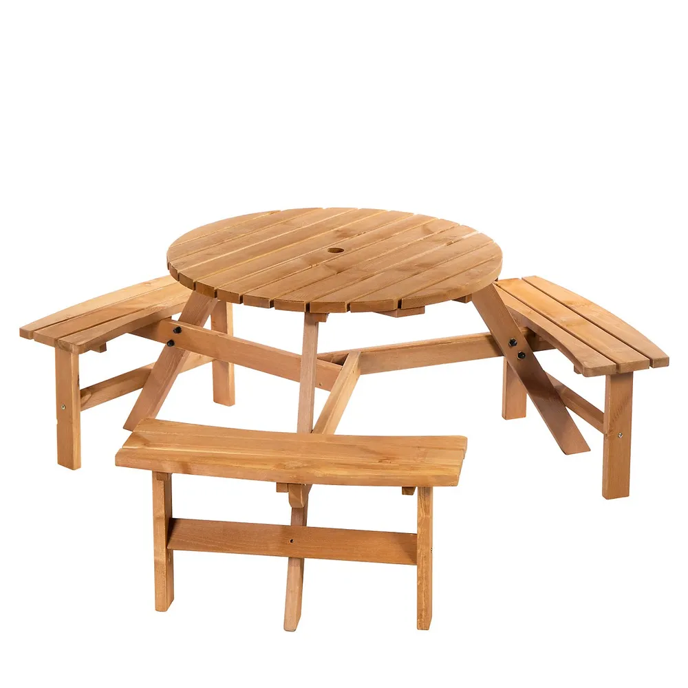 6 Person Round Picnic Table Bench Set With Umbrella Hole