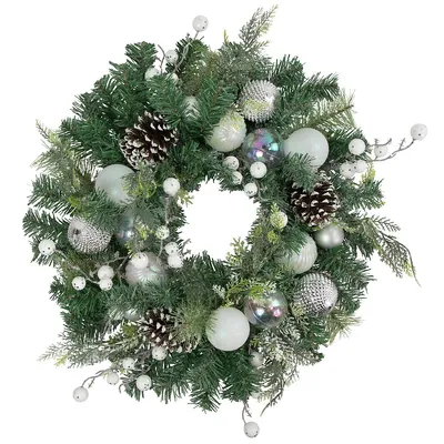 Green Pine Artificial Christmas Wreath With Berries And Iridescent Ornaments, 24-inch