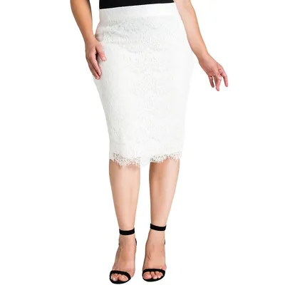 Plus Women's Ivory Ponte Lace Zipper Pencil Skirt