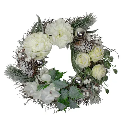 White And Silver Floral Flocked Pine Artificial Grapevine Christmas Wreath - 24-inch, Unlit