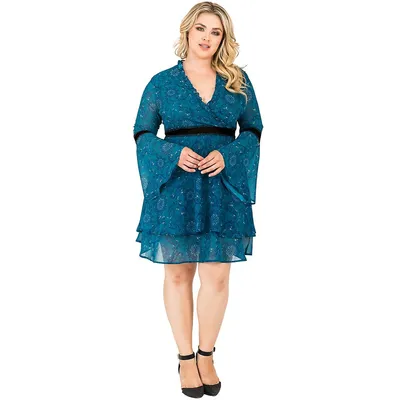Plus Size Women's Teal Wrap Over Flared Sleeve Dress