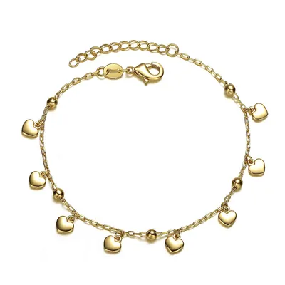Young Adults/teens 14k Yellow Gold Plated Beaded Heart Charm Station Bracelet - Adjustable W/ Extension Chain