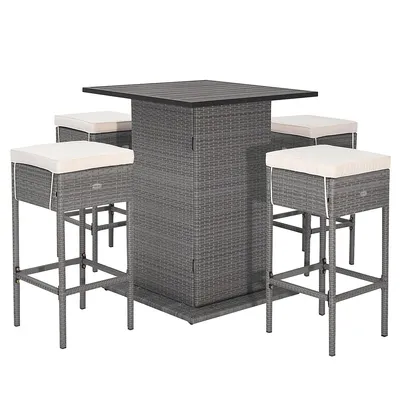 5 Pcs Outdoor Wicker Bar Table Set With Hidden Storage Shelves Bar Table Stools
